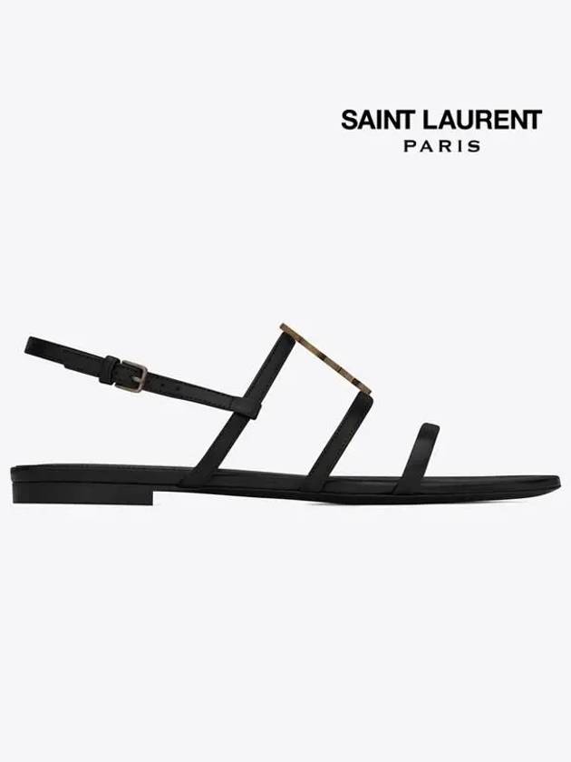 Women's Smooth Leather Gold Tone Monogram Detail Cassandra Flat Sandals Black - SAINT LAURENT - BALAAN 3