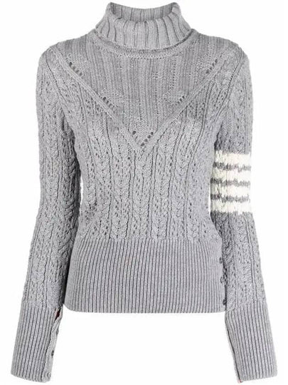 Women's 4 Bar Irish Pointelle Cable Merino Wool Turtleneck Grey - THOM BROWNE - BALAAN 2