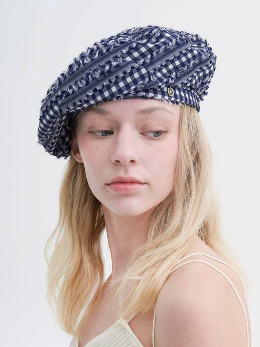 Gingham Fringe Beret Blue - BROWN HAT - BALAAN 1