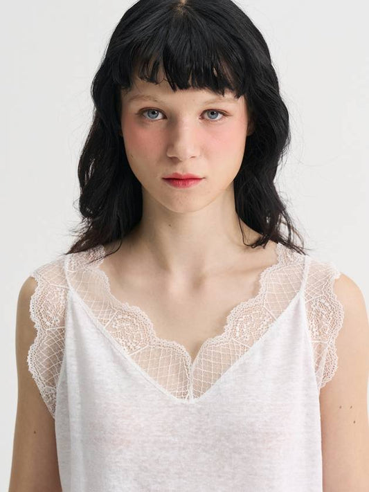 Lace Pure Linen Sleeveless T shirt White - SORRY TOO MUCH LOVE - BALAAN 2