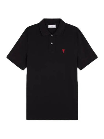 Small Heart Logo Polo Shirt Black - AMI - BALAAN 1