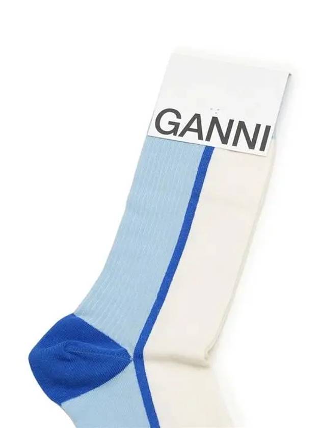 Rib Color Block Cotton High Top Socks Blue - GANNI - 3