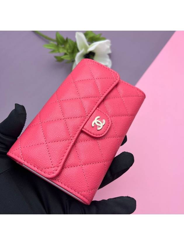 Classic Gold CC Logo Flap Grained Shiny Calfskin Medium Wallet Pink - CHANEL - BALAAN 6