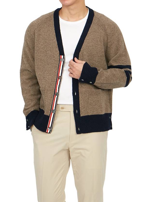 V-Neck 4-Bar Wool Cardigan Brown - THOM BROWNE - BALAAN 7