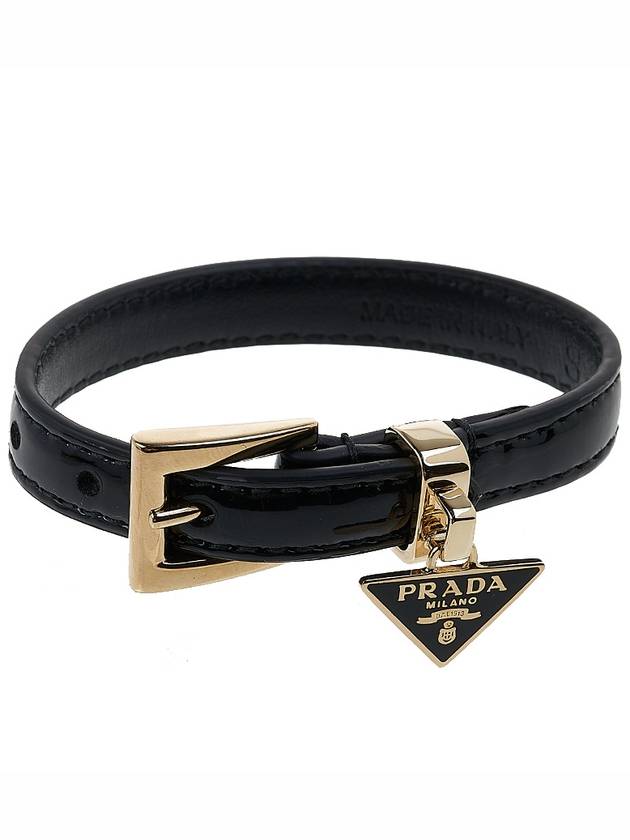 Saffiano Triangular Logo Buckle Leather Bracelet Black - PRADA - BALAAN 4