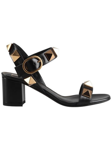 Roman Stud Calfskin Sandals Heel Black - VALENTINO - BALAAN.