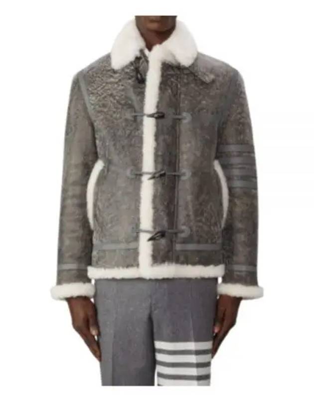 Shearling Trim Cracked Leather Jacket Grey - THOM BROWNE - BALAAN 2