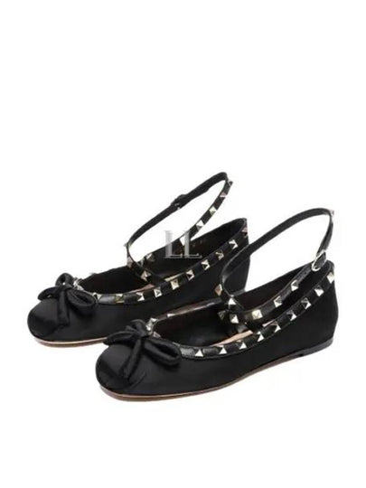 Rockstud Satin Ballerina Flat Shoes Black - VALENTINO - BALAAN 2