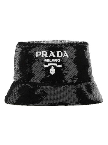 Logo Sequin Bucket Hat Black - PRADA - BALAAN 1