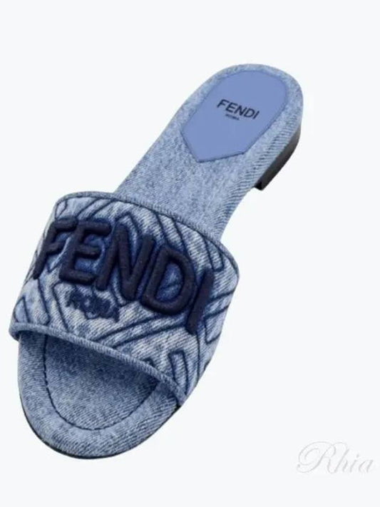 Logo Embroidered Denim Slide Slipper Blue - FENDI - BALAAN