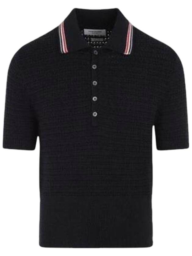 Textured Stitch Cotton Short Sleeve Polo Shirt Navy - THOM BROWNE - BALAAN 1