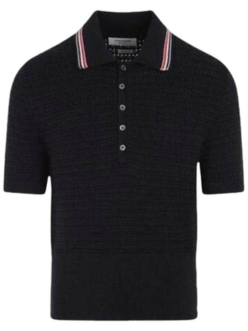 Textured Stitch Cotton Short Sleeve Polo Shirt Navy - THOM BROWNE - BALAAN 1