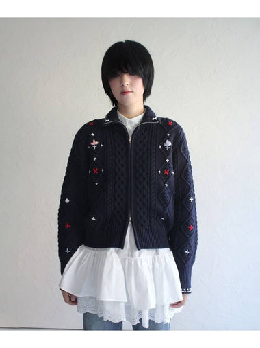 Alps Knit Zip up Cardigan Flower Stitched by Hand NAVY Women s Embroidery - RUBATI - BALAAN 1