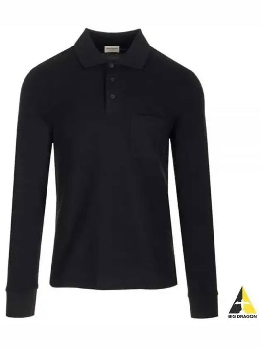 Embroidered Logo Cotton Polo Shirt Black - SAINT LAURENT - BALAAN 1