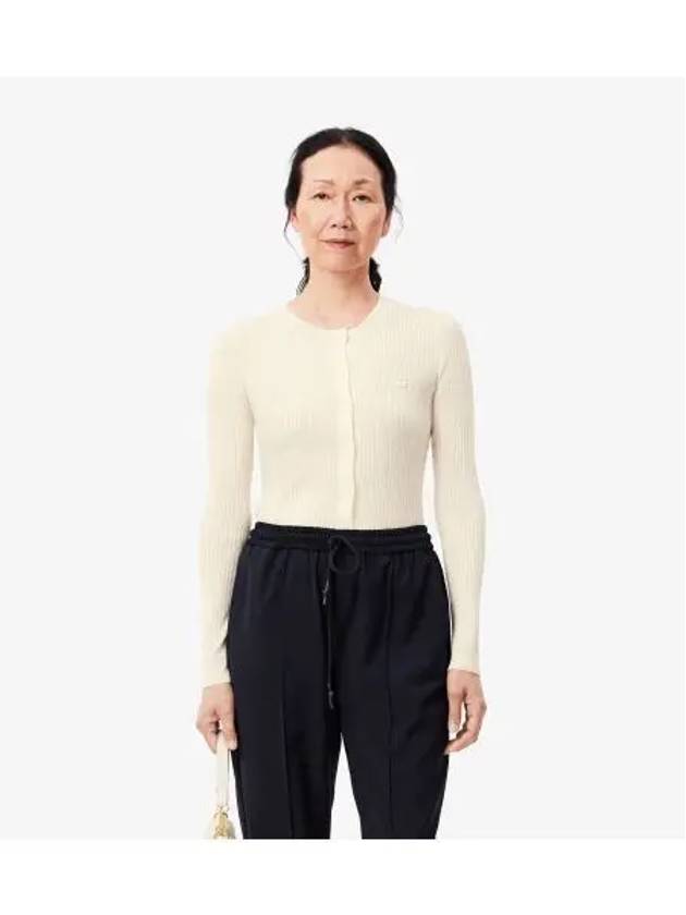 Women s Slim Fit Rib Tissue Crew Neck Cardigan OFFWHITE Off White - LACOSTE - BALAAN 1