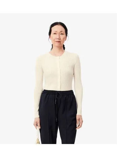 Women s Slim Fit Rib Tissue Crew Neck Cardigan OFFWHITE Off White - LACOSTE - BALAAN 1