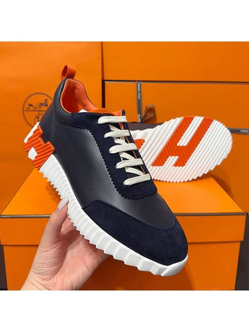 Men's Bouncing Sneakers Leather Marine Blue Orange Logo - HERMES - BALAAN 1