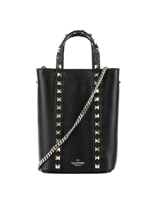 Rockstud Logo Chain Top Handle Tote Bag Black - VALENTINO - BALAAN 1