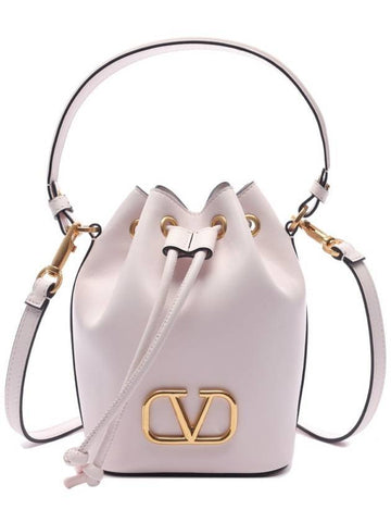 Signature V Logo Leather Small Bucket Bag Light Pink - VALENTINO - BALAAN 1