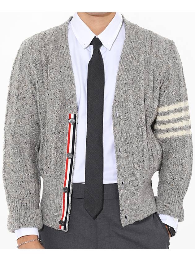 Donegal Twist Cable 4 Bar Classic V Neck Cardigan Light Grey - THOM BROWNE - BALAAN 2