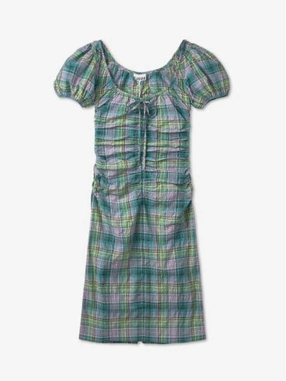 Seersucker Check Gathered U Neck Midi Dress Lagoon - GANNI - BALAAN 2