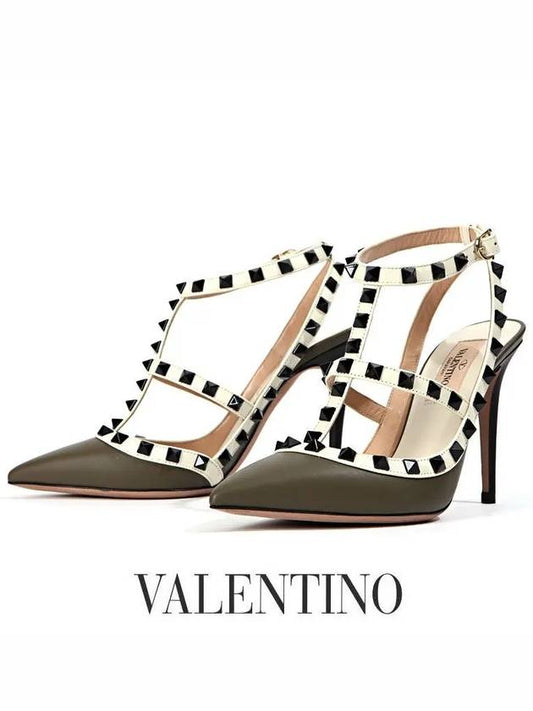 Women's Studded Multi-Strap Slingback Heel Army Gray - VALENTINO - BALAAN 2