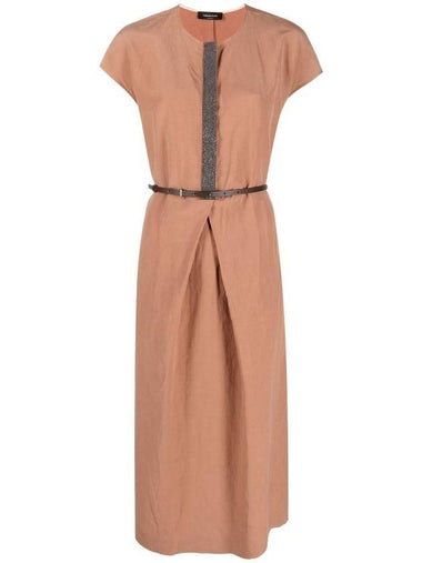 Women's Shiny Detail Linen Silk Midi Dress Light Brown - FABIANA FILIPPI - BALAAN 1