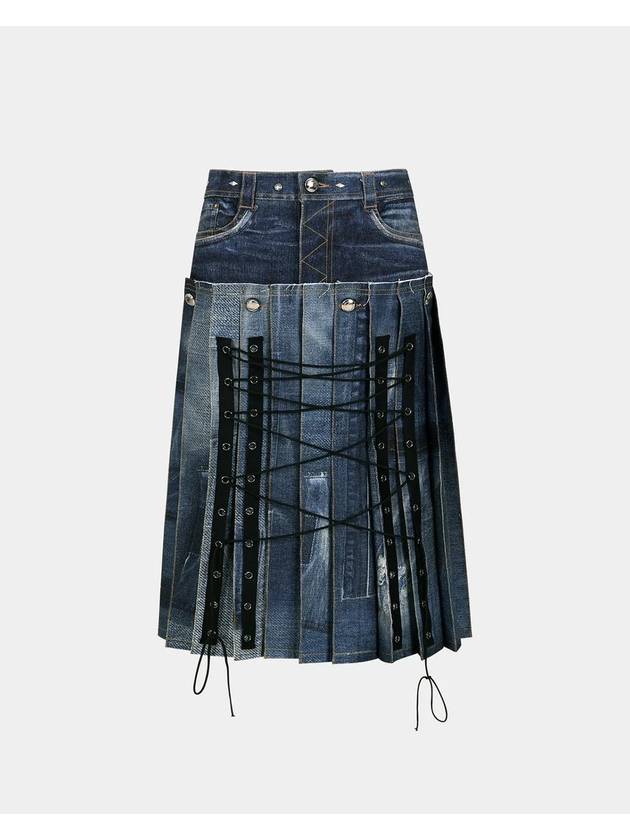 Trompe L'Oeil Long Denim Pleated Skirt Blue - ANDERSSON BELL - BALAAN 1