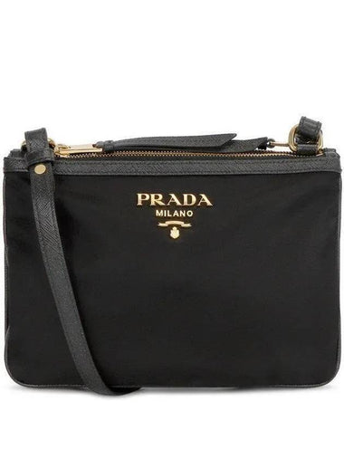 Gold Logo Double Zip Nylon Cross Bag Black - PRADA - BALAAN 1