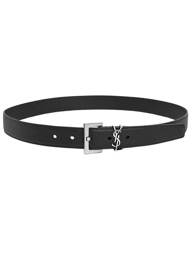 Grained Leather Silver Monogram Belt Black - SAINT LAURENT - BALAAN 3