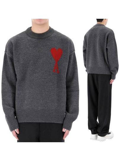 Intarsia Big Heart Logo Wool Knit Top Grey - AMI - BALAAN 2