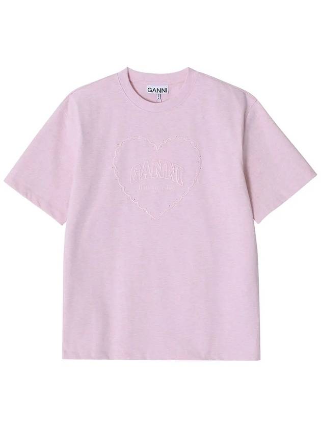 Drop Shoulder Heart Embroidery Short Sleeved T-Shirt Chalk Pink - GANNI - BALAAN 3