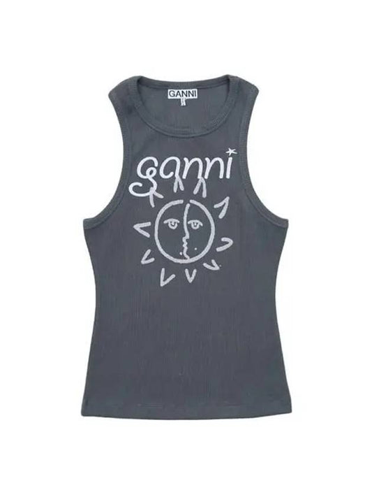 Sun Graphic Print Ribbed Sleeveless Grey - GANNI - BALAAN 2