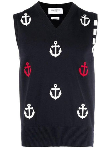 Anchor Pattern Knit Cotton Vest Navy - THOM BROWNE - BALAAN 1