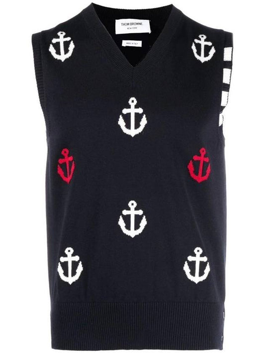 Anchor Pattern Knit Cotton Vest Navy - THOM BROWNE - BALAAN 1