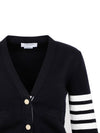 Milano Stitch 4 Bar Classic V Neck Fine Merino Wool Cardigan Navy - THOM BROWNE - BALAAN 5