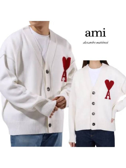 Heart Logo V Neck Wool Cardigan Off White - AMI - BALAAN 2