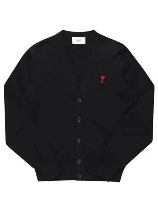 Red Heart Logo Merino Wool Cardigan Black - AMI - BALAAN 2