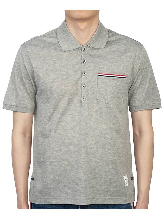 Men's Three Stripes Pocket Mercerized Short Sleeve Polo Shirt Light Grey - THOM BROWNE - BALAAN 2