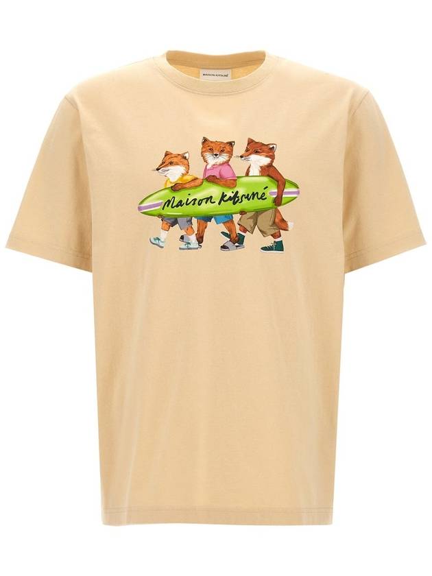 Surfing Foxes Logo Print Short Sleeve T-Shirt Beige - MAISON KITSUNE - BALAAN 2