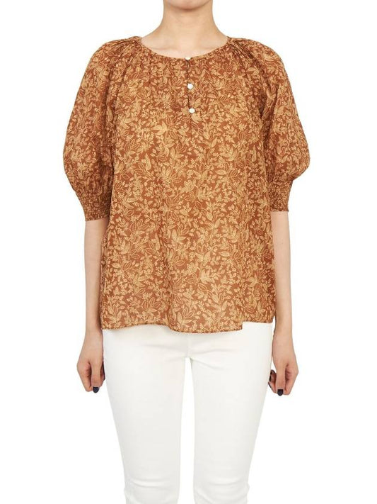 Women's Flower Print Puff Sleeve Cotton Blouse Brown - VANESSA BRUNO - BALAAN 2