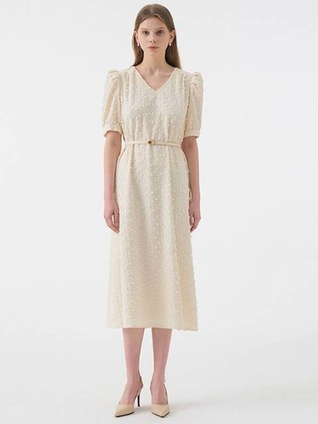 Women's Lucia V-neck puff half-sleeve belted midi dress ivory - AME - BALAAN 1