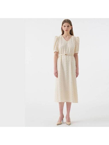 Women's Lucia V-neck puff half-sleeve belted midi dress ivory - AME - BALAAN 1