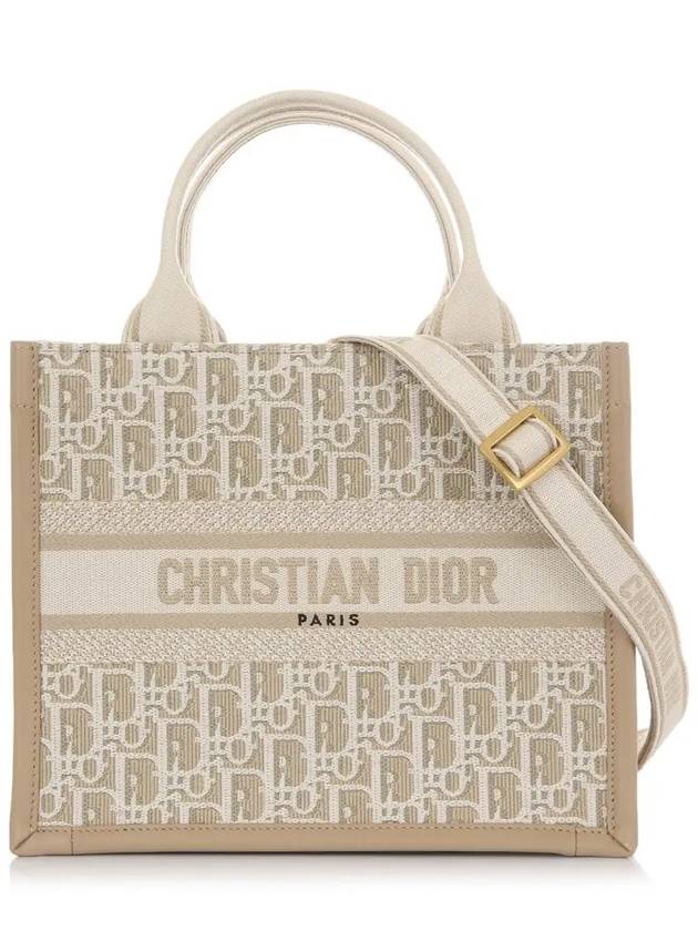 Small Book Oblique Embroidered Calfskin Tote Bag Beige - DIOR - BALAAN 3