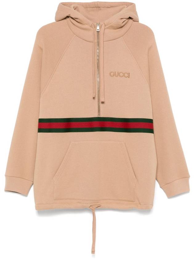 Embroidery Logo Web Stripe Half Zip Hoodie Light Brown - GUCCI - BALAAN 2