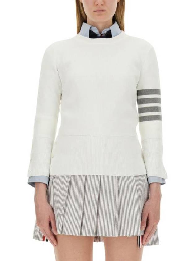 Milano Stitch Crewneck 4-Bar Cotton Crepe Knit Top White - THOM BROWNE - BALAAN 2