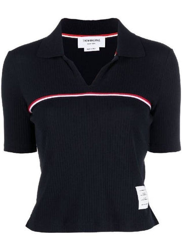 Three Stripes High Twist Rib Polo Shirt Navy - THOM BROWNE - BALAAN 1