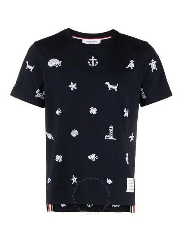 Embroidered Cotton Short Sleeve T-Shirt Navy - THOM BROWNE - BALAAN 2