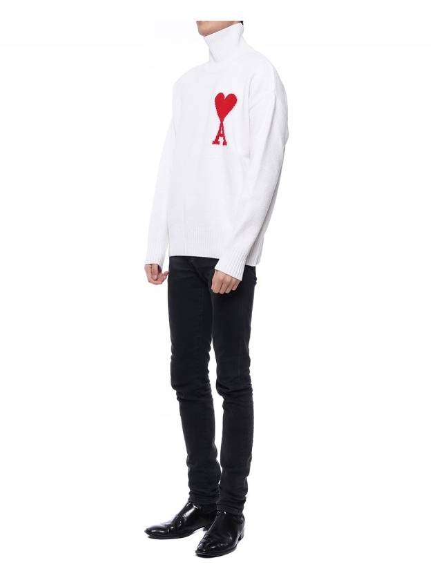 Big Heart Logo Overfit Knit Turtleneck White - AMI - BALAAN.