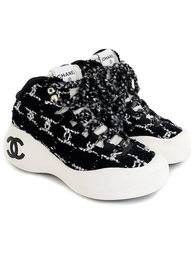 22N Tweed Lace Up Sneakers 36 5 Black White 4ET1349 - CHANEL - BALAAN 1